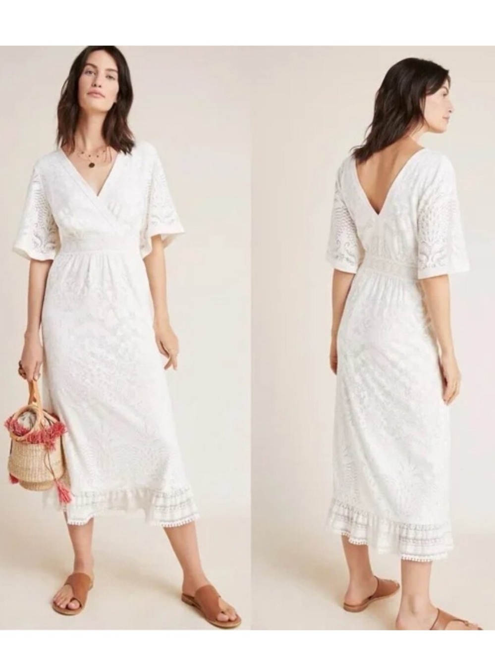 Farm Rio Lace Midi Dress with V-Neck .